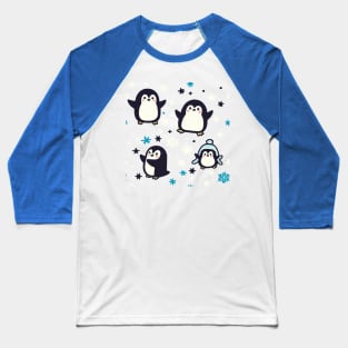 Kawaii Penguins With Winter Snowflakes Seamless Pattern For Christmas Time Baseball T-Shirt